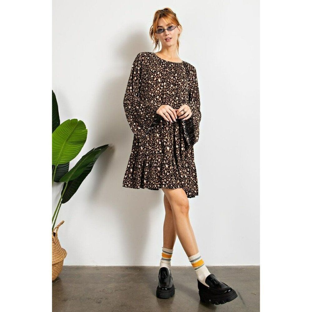 SALE! Easel Black Floral Printed Mock Neck Ruffle Smocked Mini Dress S-L ED18213 - Picture 5 of 6